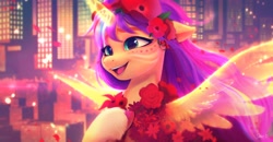 Size: 4096x2122 | Tagged: safe, artist:imalou, sunny starscout, alicorn, pony, g5, my little pony: a new generation, artificial horn, artificial wings, augmented, belle (movie), clothes, cosplay, costume, crossover, cute, detailed background, eyeshadow, face paint, female, floral head wreath, flower, flower in hair, makeup, mare, markings, open mouth, parody, race swap, raised hoof, rose, scene parody, solo, sunnybetes, sunnycorn, wings