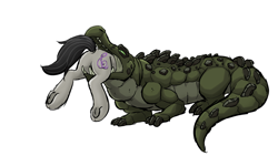 Size: 1770x996 | Tagged: safe, artist:plaguetyranno, artist:silent-e, octavia melody, cragadile, crocodile, earth pony, pony, g4, butt, carnivore, female, food chain, frog (hoof), mare, mare prey, oral vore, plot, predator, prey, simple background, story in the source, treblebutt, underhoof, vore, white background