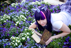 Size: 1404x936 | Tagged: safe, artist:twinklebatcosplay, twilight sparkle, human, g4, book, clothes, cosplay, costume, flower, irl, irl human, photo, reading