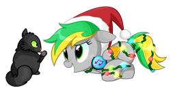 Size: 1618x868 | Tagged: oc name needed, safe, artist:khimi-chan, oc, oc only, cat, pegasus, pony, christmas, colored wings, duo, eyelashes, female, hat, headphones, holiday, mare, pegasus oc, santa hat, simple background, transparent background, two toned wings, wings, wrapped up