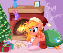 Size: 2648x2237 | Tagged: safe, artist:khimi-chan, oc, oc only, oc:dreamy sweet, pony, unicorn, christmas, christmas stocking, christmas tree, cup, eyelashes, female, fireplace, hat, high res, holiday, horn, indoors, mare, merry christmas, present, santa hat, smiling, tree, unicorn oc