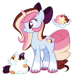 Size: 888x900 | Tagged: safe, artist:khimi-chan, oc, oc only, oc:neigh-apolitan, cat, pony, unicorn, bow, duo, eyelashes, freckles, hair bow, horn, simple background, smiling, story included, transparent background, unicorn oc, unshorn fetlocks