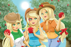 Size: 1200x798 | Tagged: safe, artist:tachiban18, applejack, human, equestria girls, g4, my little pony equestria girls: rainbow rocks, apple, apple tree, applejack's hat, clothes, cowboy hat, cowgirl, eyelashes, female, food, hat, jeans, multeity, outdoors, pants, smiling, stetson, tattoo, tree, trio