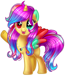 Size: 1368x1620 | Tagged: safe, artist:gihhbloonde, oc, oc only, alicorn, pony, alicorn oc, base used, eyelashes, female, heterochromia, horn, jewelry, mare, multicolored hair, necklace, rainbow hair, simple background, smiling, solo, transparent background, underhoof, waving, wings