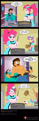 Size: 800x2452 | Tagged: safe, artist:niban-destikim, pinkie pie, tip top, oc, oc:copper plume, comic:grease me up baby, equestria girls, g4, ..., abs, bbw, blood, blushing, clothes, comic, commission, commissioner:imperfectxiii, dialogue, diner, diner uniform, doo wop, explosive nosebleed, faint, fat, female, kitchen, male, muscles, muscular male, nosebleed, partial nudity, pudgy, pudgy pie, server pinkie pie, shirt, silly, simpsons did it, speech bubble, that escalated quickly, the simpsons, topless, torn clothes