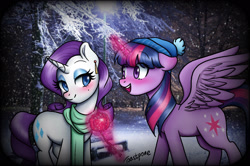 Size: 2029x1349 | Tagged: safe, artist:toastpone, rarity, twilight sparkle, alicorn, pony, unicorn, g4, clothes, duo, duo female, ear piercing, earring, female, hat, jewelry, lesbian, piercing, scarf, ship:rarilight, shipping, snow, snowfall, twilight sparkle (alicorn), winter, winter outfit