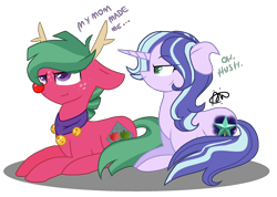 Size: 2100x1496 | Tagged: safe, artist:gallantserver, oc, oc only, oc:sparkler, oc:watermelon tourmaline, pony, unicorn, antlers, female, lying down, magical lesbian spawn, male, mare, offspring, parent:big macintosh, parent:marble pie, parent:maud pie, parent:starlight glimmer, parents:marblemac, parents:starmaud, prone, red nose, reindeer antlers, simple background, stallion, transparent background