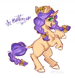 Size: 1600x1672 | Tagged: safe, artist:aylufujo, oc, oc only, oc:buttercup, pony, unicorn, bow, braid, eyelashes, female, hair bow, horn, magical lesbian spawn, mare, offspring, parent:applejack, parent:rarity, parents:rarijack, rearing, simple background, smiling, tail, tail bow, unicorn oc, unshorn fetlocks, white background
