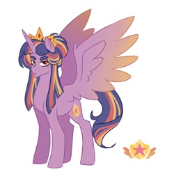 Size: 2000x2000 | Tagged: safe, artist:aylufujo, oc, oc only, alicorn, pony, alicorn oc, crown, frown, high res, horn, jewelry, magical lesbian spawn, male, offspring, parent:sunset shimmer, parent:twilight sparkle, parents:sunsetsparkle, regalia, simple background, solo, stallion, white background, wings