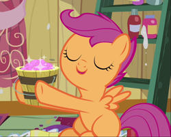 Size: 846x681 | Tagged: safe, screencap, scootaloo, pegasus, pony, g4, hearts and hooves day (episode), season 2, cold opening, cropped, cute, cutealoo, eyes closed, glitter, sitting, solo