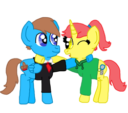 Size: 1280x1136 | Tagged: safe, artist:nightshadowmlp, oc, oc only, oc:court case, oc:game point, pegasus, pony, unicorn, 2022 community collab, derpibooru community collaboration, clothes, duo, family, father and child, father and daughter, female, firealpaca, hoodie, hoof on shoulder, horn, male, mare, one eye closed, open mouth, pegasus oc, simple background, smiling, stallion, suit, transparent background, unicorn oc