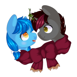 Size: 1000x1000 | Tagged: safe, artist:veincchi, oc, oc only, oc:aneroid hydrolock, oc:marine grade, earth pony, pony, unicorn, blushing, christmas, clothes, commission, holiday, mistletoe, scarf, shared clothing, shared scarf, simple background, transparent background, ych result