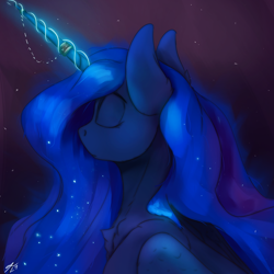 Size: 2160x2160 | Tagged: safe, artist:tenebrisnoctus, princess luna, alicorn, pony, g4, chest fluff, ethereal mane, eyes closed, female, galaxy mane, glowing, glowing horn, high res, horn, horn jewelry, jewelry, long horn, long mane, mare, signature, solo, starry mane, sternocleidomastoid