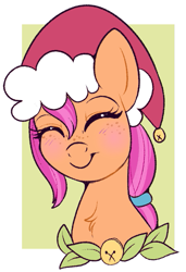 Size: 475x693 | Tagged: safe, artist:lulubell, sunny starscout, earth pony, pony, g5, my little pony: a new generation, bust, christmas, cute, eyes closed, freckles, hat, holiday, neck fluff, santa hat, smiling, sunnybetes