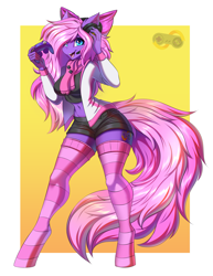 Size: 2639x3410 | Tagged: safe, artist:ask-colorsound, oc, oc only, oc:lillybit, anthro, unguligrade anthro, adorkable, bow, clothes, controller, cute, dork, gaming headset, headphones, headset, high res, ribbon, scarf, smiling, socks, stockings, striped socks, thigh highs, zettai ryouiki