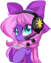 Size: 1000x1232 | Tagged: safe, artist:loyaldis, oc, oc only, oc:lillybit, adorkable, bow, clothes, cute, dork, gaming headset, headphones, headset, ribbon, scarf, simple background, transparent background
