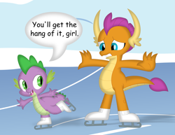 Size: 3507x2705 | Tagged: safe, artist:porygon2z, smolder, spike, dragon, g4, duo, female, high res, ice skates, ice skating, male, open mouth, speech bubble