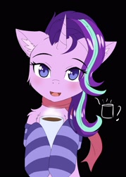 Size: 2500x3500 | Tagged: safe, artist:lunar froxy, starlight glimmer, pony, unicorn, g4, black background, blushing, clothes, coffee, eyebrows, eyebrows visible through hair, female, high res, looking at you, mare, simple background, socks, solo, striped socks