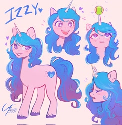Size: 2001x2048 | Tagged: safe, artist:ever-cw, izzy moonbow, pony, unicorn, g5, my little pony: a new generation, ball, cute, excited, female, heart, high res, horn, horn impalement, hornball, izzy's tennis ball, izzybetes, mare, moonburst of izzies, multeity, signature, smiling, solo, tennis ball