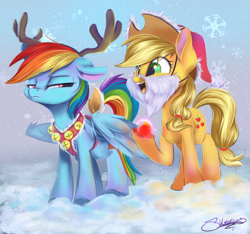 Size: 1280x1200 | Tagged: safe, artist:sketchiix3, applejack, rainbow dash, earth pony, pegasus, pony, g4, animal costume, antlers, christmas, costume, duo, fake antlers, fake beard, fake tail, harness, hat, holiday, jingle bells, open mouth, rainbow dash is not amused, reindeer antlers, reindeer costume, reindeer dash, rudolph the red nosed reindeer, santa hat, snow, tack, unamused