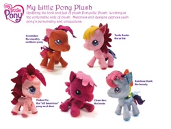 Size: 700x528 | Tagged: safe, cheerilee (g3), pinkie pie, pinkie pie (g3), rainbow dash (g3), scootaloo (g3), toola roola, earth pony, pony, fanfic:all-american girl, g3, g3.5, g4, official, american, big head, chibi, concept, discoloration, logo, merchandise, missing cutie mark, no iris, plushie, pony plushie, ponyville (g3), prototype, toy, unreleased, wrong coat color, wrong color