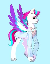 Size: 1365x1742 | Tagged: safe, artist:aztrial, zipp storm, pegasus, pony, g5, my little pony: a new generation, blue background, bowtie, clothes, ear piercing, earring, female, jewelry, looking at you, mare, piercing, simple background, smiling, smiling at you, solo, spread wings, suit, tomboy, wings
