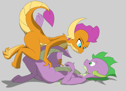 Size: 720x520 | Tagged: safe, artist:peppertech, smolder, spike, dragon, g4, cute, dragoness, eye contact, female, looking at each other, male, older, older spike, on top, ship:spolder, shipping, simple background, smolderbetes, smug, spikabetes, straight, tail, teenage spike, teenaged dragon, teenager, thighs