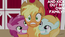Size: 1280x720 | Tagged: safe, edit, edited screencap, editor:quoterific, screencap, applejack, earth pony, pony, unicorn, fame and misfortune, g4, season 7, applejack's hat, cowboy hat, female, filly, grin, hat, mare, messy mane, smiling, sweet apple acres barn