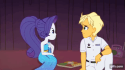 Size: 640x360 | Tagged: safe, screencap, ragamuffin (g4), rainbow dash, rarity, equestria girls, equestria girls series, g4, spring breakdown, spoiler:eqg series (season 2), animated, female, gif, gifs.com, looking at each other, looking at someone, male, open mouth, open smile, ponytail, rainbow trail, shipping denied, smiling
