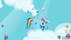 Size: 640x360 | Tagged: safe, screencap, rainbow dash, parasprite, pegasus, pony, g4, season 1, swarm of the century, animated, cloud, female, flying, gif, gifs.com, mare, open mouth, parasprite bikini, solo, spread wings, we don't normally wear clothes, wings
