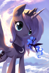 Size: 1069x1600 | Tagged: safe, alternate version, artist:gianghanz, nightmare moon, princess luna, alicorn, pony, g4, cute, duality, duo, female, giant pony, lunabetes, macro, mare, s1 luna, size difference, sky background