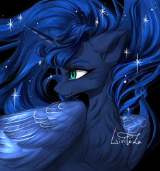 Size: 3000x3200 | Tagged: safe, artist:livitoza, princess luna, alicorn, pony, g4, beautiful, black background, chest fluff, ethereal mane, female, high res, mare, profile, simple background, solo, starry mane