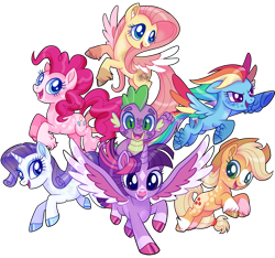 Size: 1024x957 | Tagged: safe, artist:uunicornicc, applejack, fluttershy, pinkie pie, rainbow dash, rarity, spike, twilight sparkle, alicorn, pony, g4, alternate design, colored wings, mane seven, mane six, multicolored wings, simple background, stock vector, transparent background, twilight sparkle (alicorn), wings