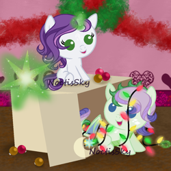 Size: 1000x1000 | Tagged: safe, artist:ashakalovsky, artist:noctissky, oc, oc:lacetail, oc:sharpclaw, dracony, hybrid, baby, base used, box, christmas, christmas lights, colt, female, filly, foal, happy, holiday, interspecies offspring, male, offspring, ornaments, parent:rarity, parent:spike, parents:sparity, siblings, watermark