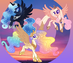Size: 3000x2588 | Tagged: safe, artist:cactiflowers, princess cadance, princess celestia, princess luna, alicorn, pony, g4, abstract background, alternate design, flying, high res, lidded eyes, looking at you, open mouth, smiling, spread wings, wings
