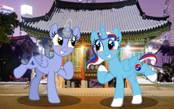 Size: 1280x800 | Tagged: safe, artist:princesslatam-yt, oc, oc:stella moonshine, pony, duo, irl, korean air, photo, ponies in real life, ponified, south korea
