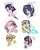 Size: 2148x2673 | Tagged: safe, artist:enifersuch, oc, oc only, oc:apple seed, oc:crystal shine, oc:forest secret, oc:lightning glory, oc:sparkle storm, oc:stale cake, earth pony, hybrid, pegasus, pony, unicorn, beauty mark, blue eyes, bust, colored ears, draconequus hybrid, ear fluff, ears back, earth pony oc, eyeshadow, floral head wreath, flower, folded wings, freckles, frown, goth, gray eyes, green eyes, hair over one eye, high res, horn, hybrid oc, interspecies offspring, lidded eyes, looking at you, makeup, not rarity, offspring, orange eyes, parent:applejack, parent:caramel, parent:cheese sandwich, parent:discord, parent:fancypants, parent:flash sentry, parent:fluttershy, parent:pinkie pie, parent:rainbow dash, parent:rarity, parent:soarin', parent:twilight sparkle, parents:carajack, parents:cheesepie, parents:discoshy, parents:flashlight, parents:raripants, parents:soarindash, pegasus oc, ponytail, purple eyes, simple background, smiling, unicorn oc, white background, wings