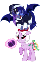 Size: 1616x2452 | Tagged: safe, artist:khimi-chan, oc, oc only, bat pony, pony, unicorn, bat pony oc, bat wigns, christmas, clothes, eyelashes, female, flying, grin, hat, holiday, holly, horn, looking down, magic, mare, nun, present, santa hat, simple background, smiling, spread wings, telekinesis, transparent background, unicorn oc, wings