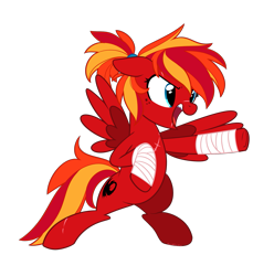 Size: 1985x2000 | Tagged: safe, alternate version, artist:khimi-chan, oc, oc only, oc:fire strike, pegasus, pony, arm wraps, bipedal, eyelashes, female, freckles, mare, open mouth, pegasus oc, punch, scar, sharp teeth, simple background, teeth, transparent background, underhoof, wings