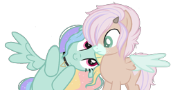 Size: 1306x683 | Tagged: safe, artist:necrophilifox, oc, oc only, pegasus, pony, base used, choker, duo, eyelashes, female, frown, imma snuggle you, mare, multicolored hair, pegasus oc, rainbow hair, simple background, smiling, spread wings, transparent background, wings
