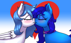 Size: 1281x776 | Tagged: safe, artist:sondy, oc, oc only, oc:delly, oc:graceful motion, pegasus, pony, unicorn, collar, commission, cute, duo, eyes closed, female, heart, kissing, lesbian, mare, oc x oc, shipping, wings, ych result