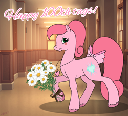 Size: 2560x2328 | Tagged: safe, artist:tanahgrogot, derpibooru exclusive, oc, oc:annisa trihapsari, earth pony, pony, g2, aelita schaeffer, bow, bowtie, code lyoko, congratulations, crossover, flower, high res, ibispaint x, jewelry, looking at you, necklace, ponified, smiling, smiling at you, solo, tail, tail bow