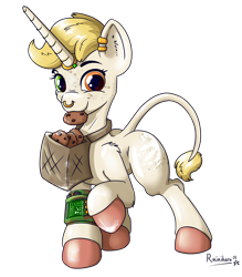 Size: 2172x2480 | Tagged: safe, artist:rainihorn, oc, oc only, oc:lollipop, pony, unicorn, 2022 community collab, derpibooru community collaboration, basket, cookie, food, heterochromia, high res, hooves, jewelry, leonine tail, male, pip-boy, pipbuck, ring, simple background, solo, stallion, tail, transparent background