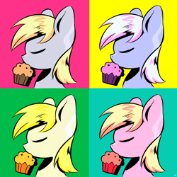 Size: 2894x2894 | Tagged: safe, artist:bubbletea, derpy hooves, pegasus, pony, g4, background pony, colorful, cute, derp, food, high res, modern art, muffin, pop art