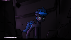 Size: 2160x1235 | Tagged: safe, artist:deafjaeger, oc, oc only, oc:vibrant star, earth pony, pony, basement, clothes, collar, dream, earth pony oc, gift art, hockless socks, horror, looking at you, scenery, socks, standing
