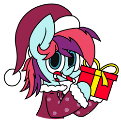 Size: 2405x2386 | Tagged: safe, artist:derpyalex2, oc, oc only, oc:taffy swirl, earth pony, pony, candy, candy cane, christmas, clothes, food, hat, high res, holiday, present, santa hat, simple background, solo, transparent background