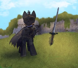 Size: 2332x2048 | Tagged: safe, artist:nagithebat, daybreaker, oc, oc:apollyon, pony, unicorn, g4, antagonist, armor, cape, clothes, female, for honor, high res, knight, mare, sword, weapon