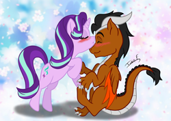 Size: 3508x2481 | Tagged: safe, artist:memprices, starlight glimmer, oc, oc:draco k-night blaze, dracony, dragon, hybrid, g4, blushing, cute, high res, kissing, request, requested art, smooching, starlaco, vector
