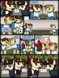 Size: 1750x2333 | Tagged: safe, artist:99999999000, oc, oc only, oc:cwe, oc:mar baolin, oc:zhang cathy, earth pony, pony, unicorn, comic:nice to meet you, clothes, colt, comic, female, fight, filly, football, male, sports, tree, tug of war