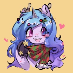 Size: 1200x1200 | Tagged: safe, artist:qamar, izzy moonbow, pony, unicorn, g5, my little pony: a new generation, antlers, christmas, clothes, cute, female, happy, holiday, izzybetes, mare, open mouth, open smile, scarf, smiling, solo, underhoof, unshorn fetlocks
